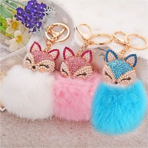 Fluffy Fox Rhinestone Keychain